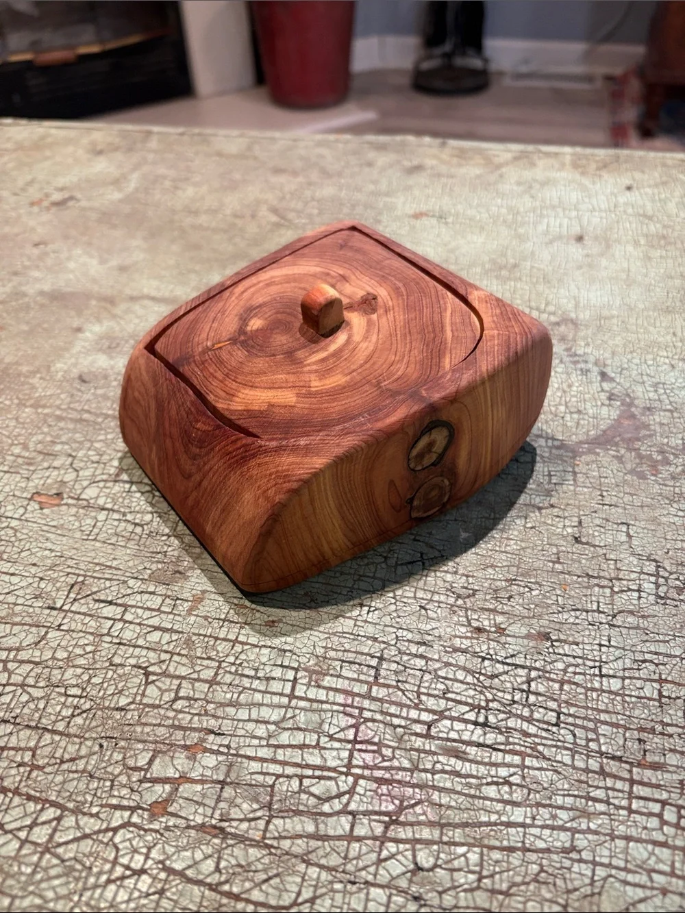 Hand Carved Cedar Wood Secret Compartment Trinket Box Rustic Artisan Keepsake